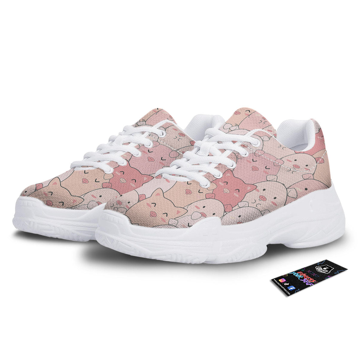 Pig Tail Pink Print White Chunky Shoes-grizzshop