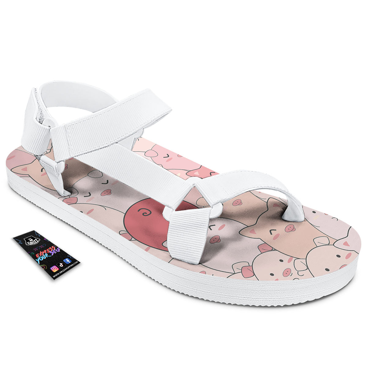 Pig Tail Pink Print White Open Toe Sandals-grizzshop