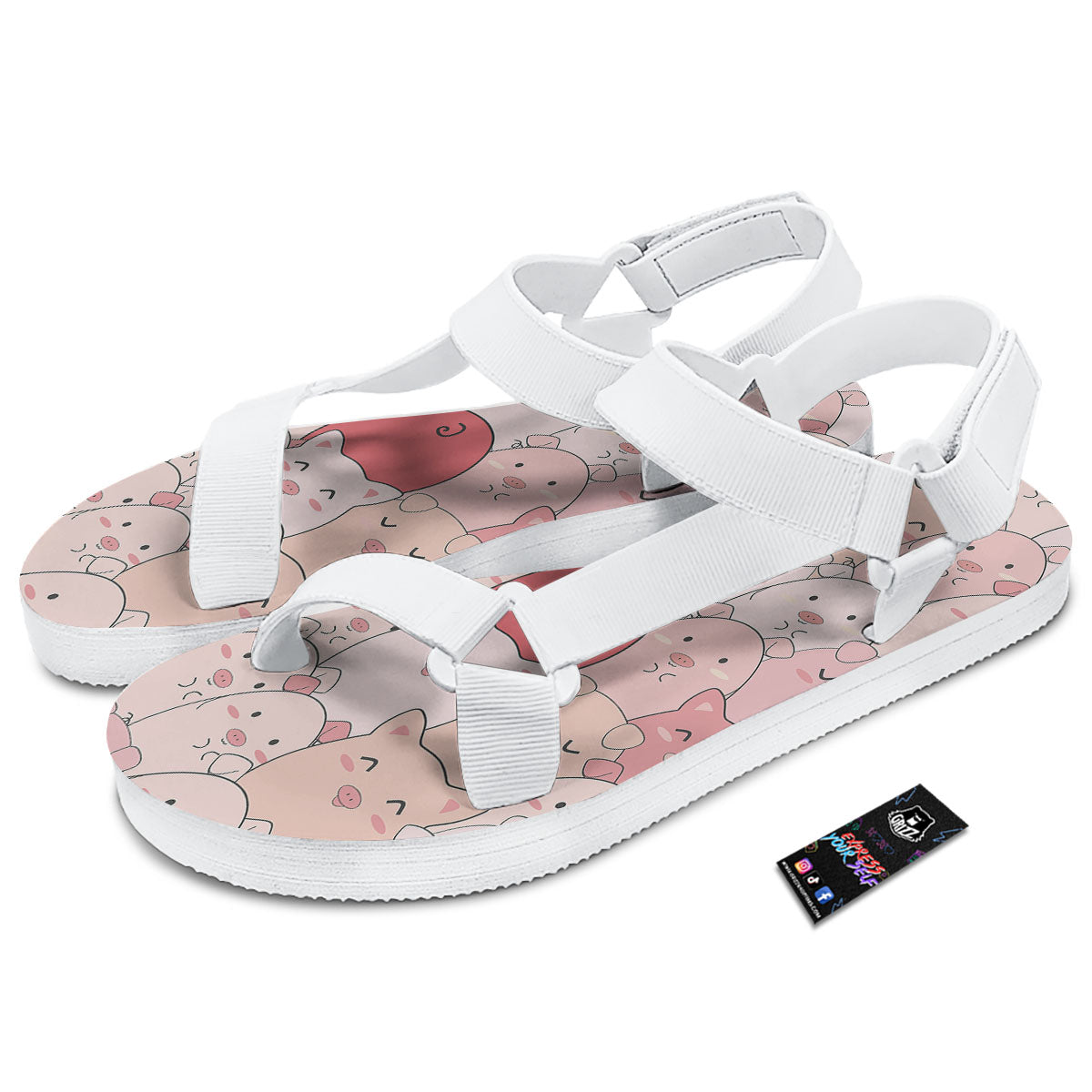 Pig Tail Pink Print White Open Toe Sandals-grizzshop
