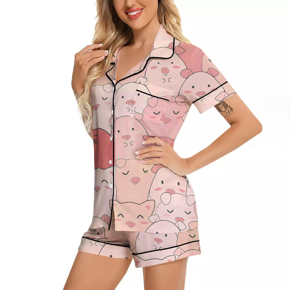 Pig Tail Pink Print Women Silk Pajamas-grizzshop