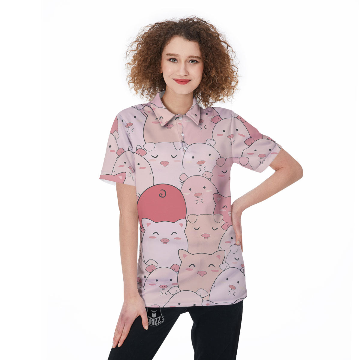 Pig Tail Pink Print Women's Golf Shirts-grizzshop