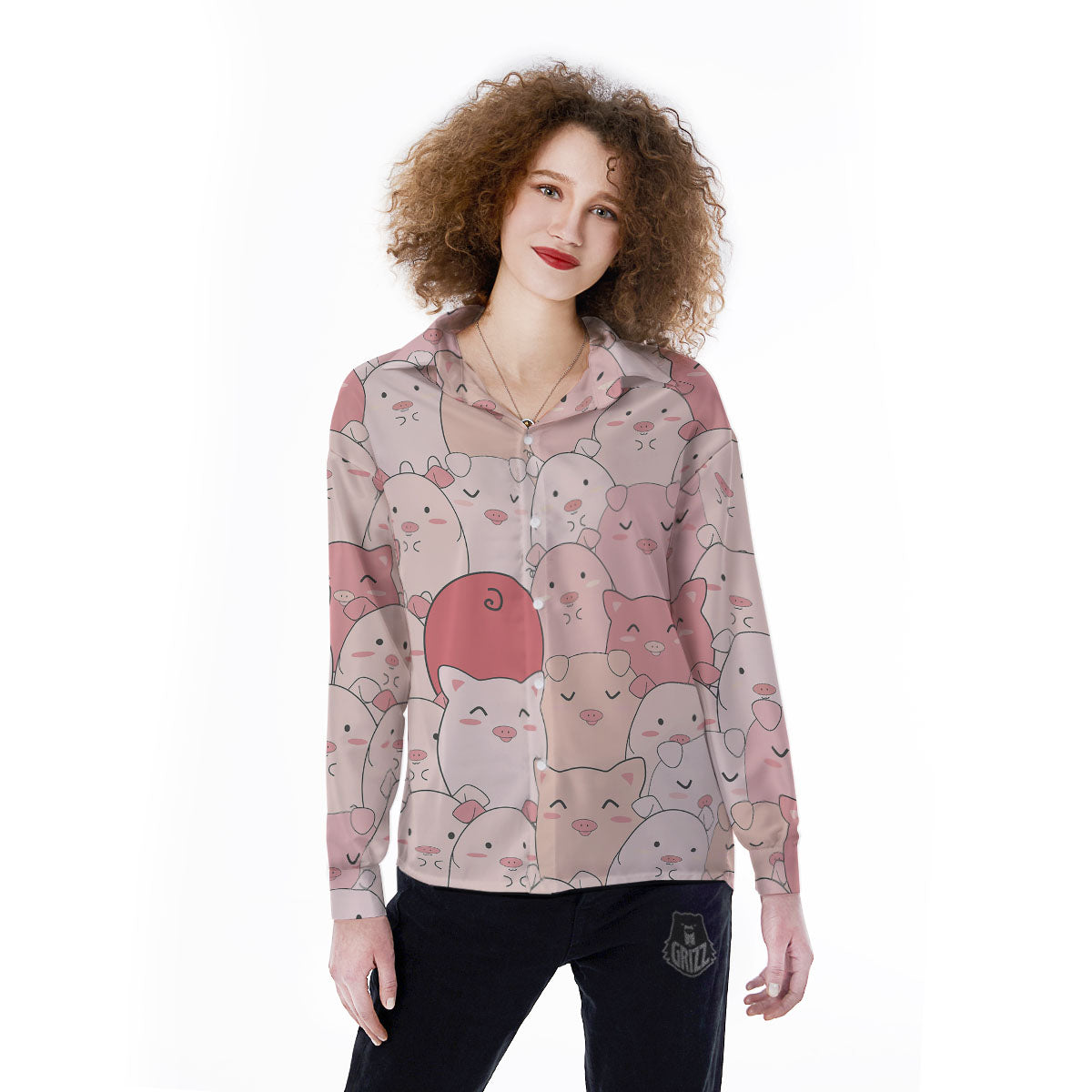Pig Tail Pink Print Women's Long Sleeve Shirts-grizzshop