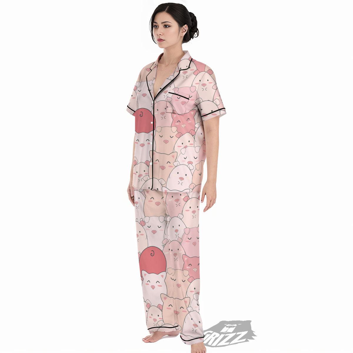 Pig Tail Pink Print Women's Pajamas Set-grizzshop