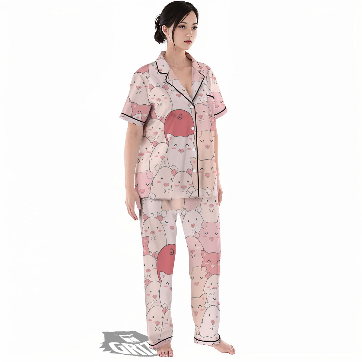 Pig Tail Pink Print Women's Pajamas Set-grizzshop