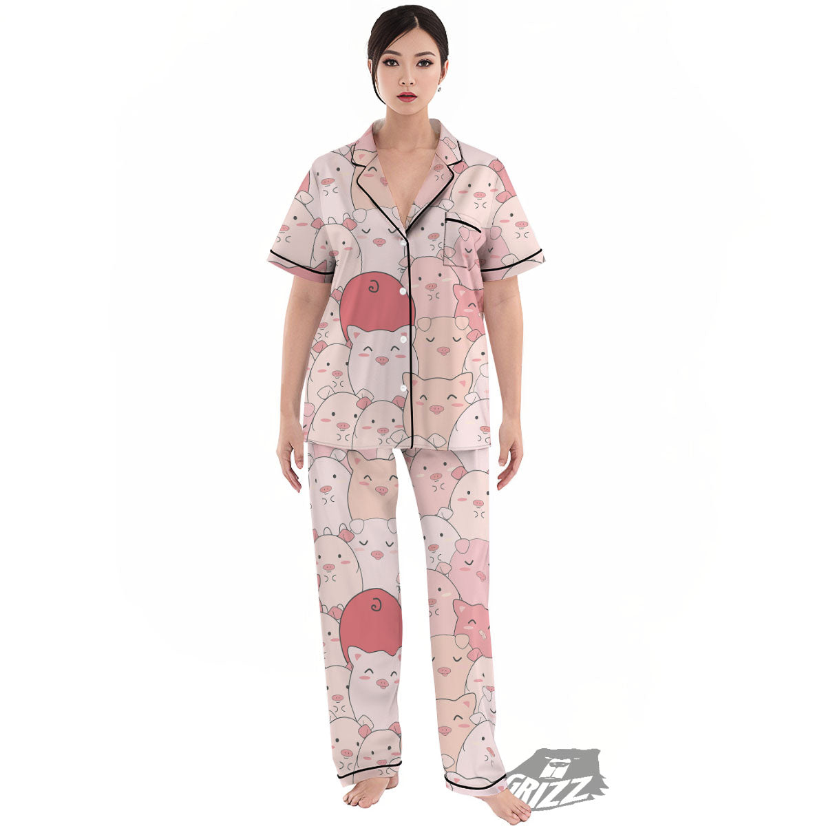 Pig Tail Pink Print Women's Pajamas Set-grizzshop