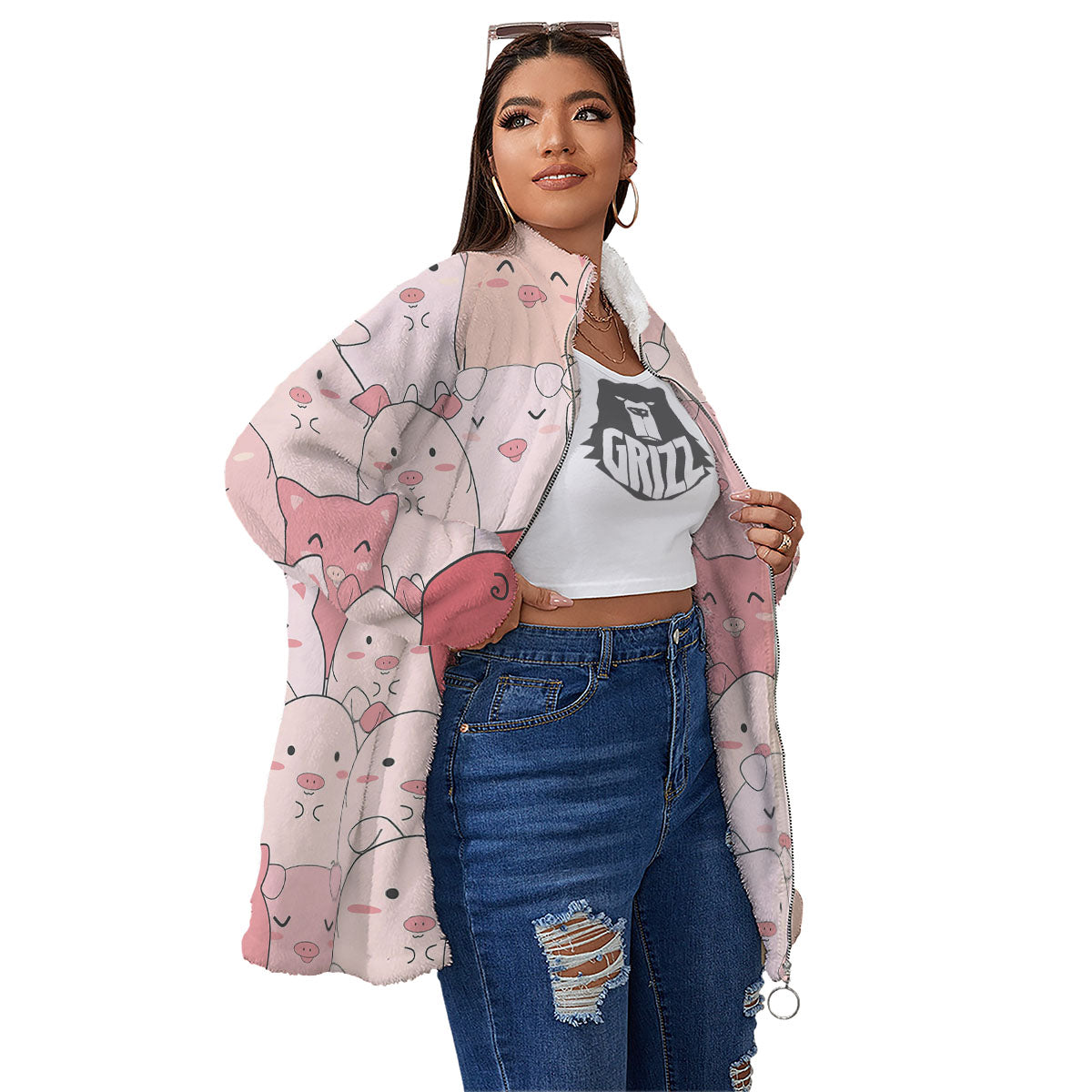 Pig Tail Pink Print Women's Sherpa Jacket-grizzshop