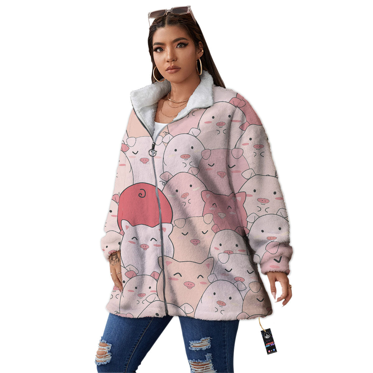 Pig Tail Pink Print Women's Sherpa Jacket-grizzshop