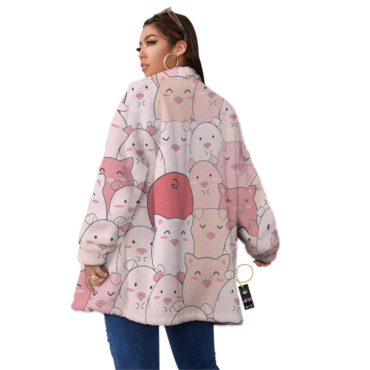 Pig Tail Pink Print Women's Sherpa Jacket-grizzshop