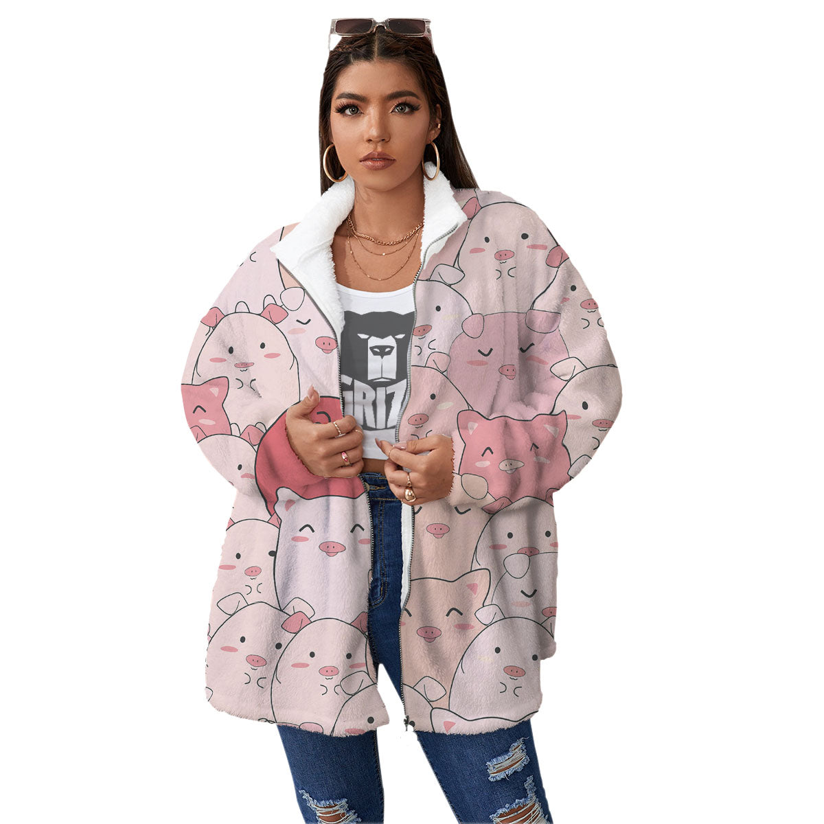 Pig Tail Pink Print Women's Sherpa Jacket-grizzshop