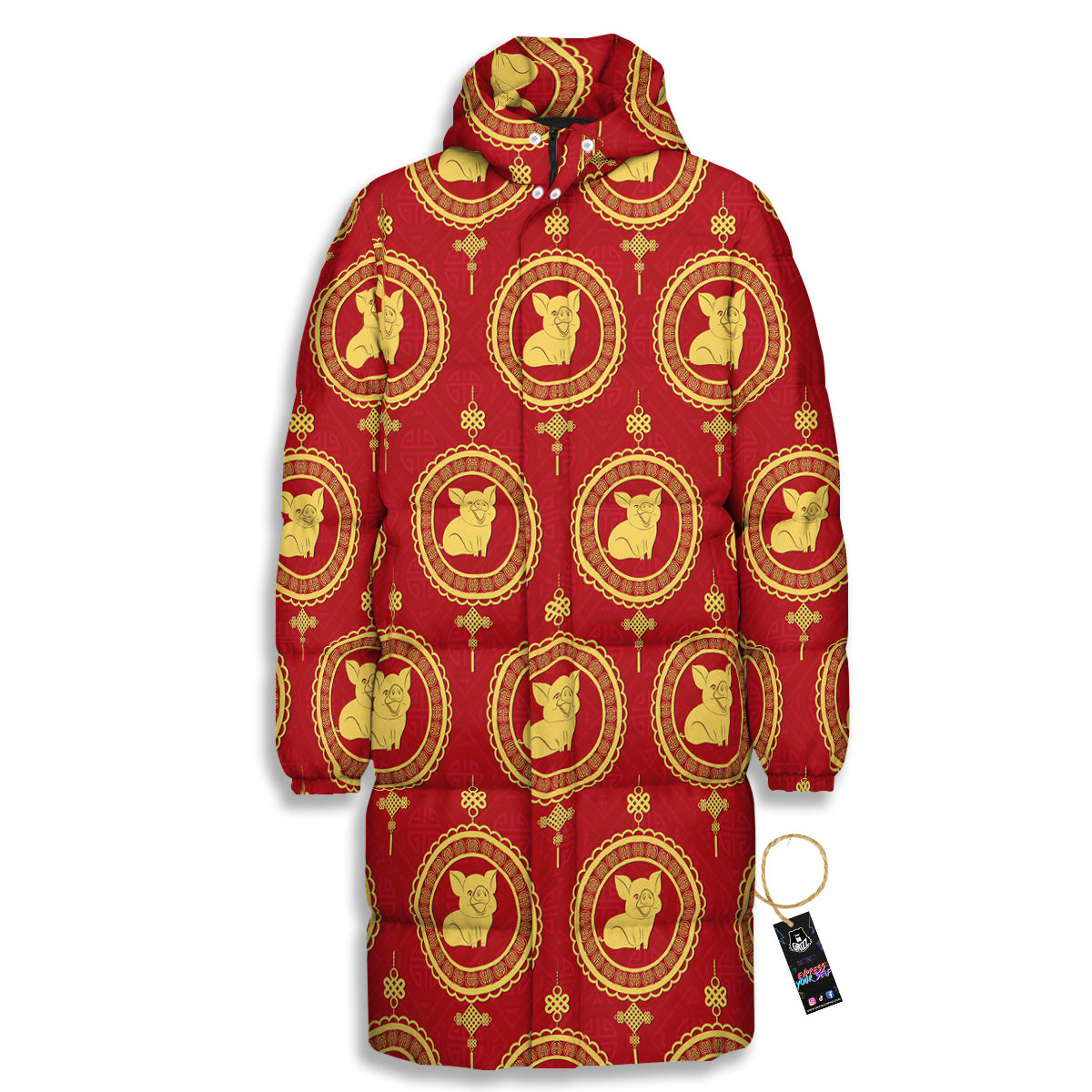Pig And Chinese New Year Print Pattern Long Down Jacket
