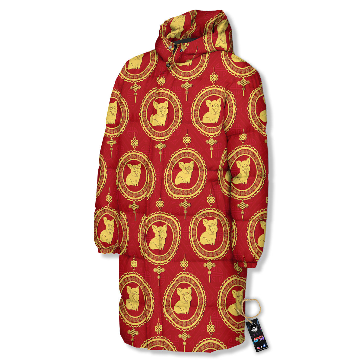 Pig And Chinese New Year Print Pattern Long Down Jacket