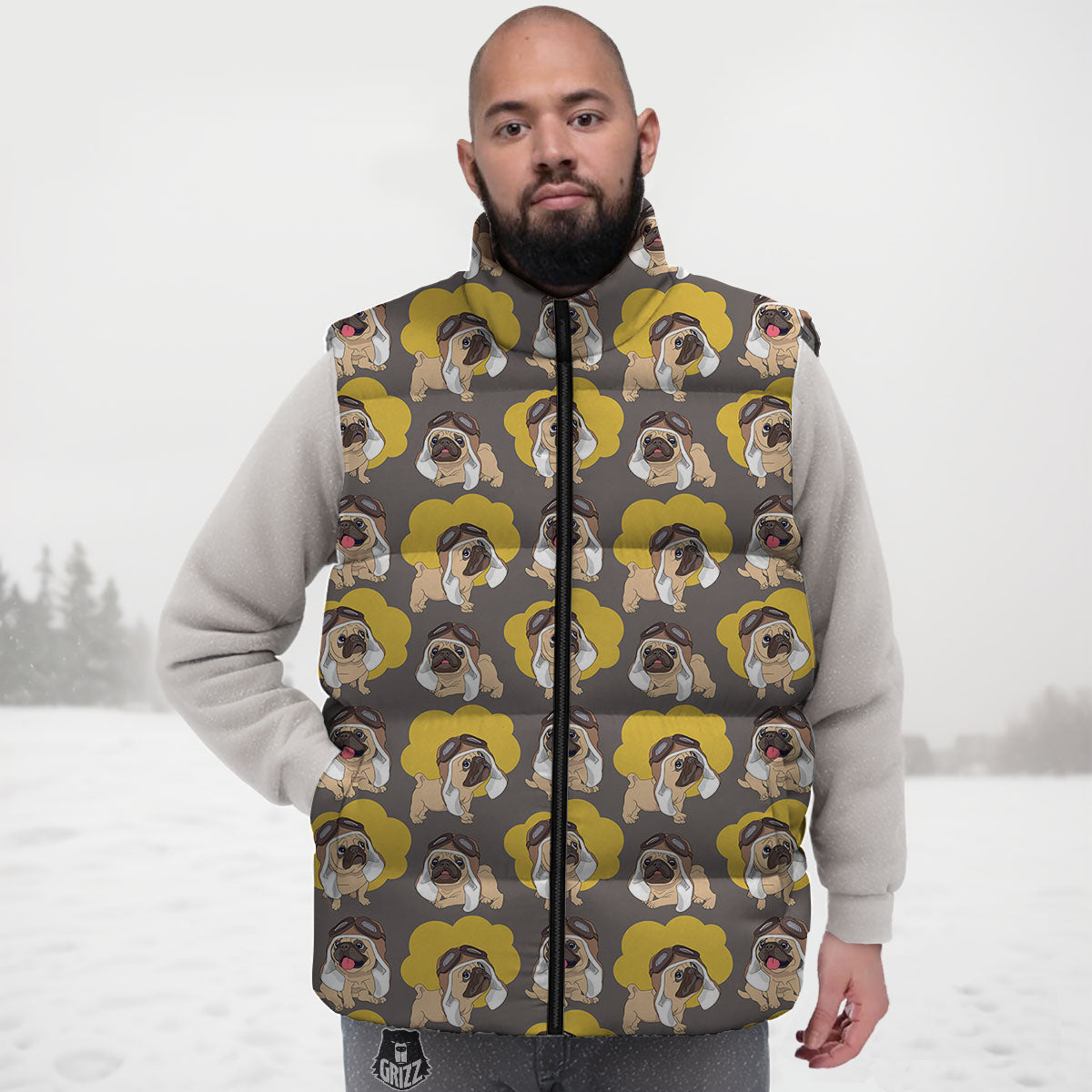 Pilot Pug Print Pattern Down Vest