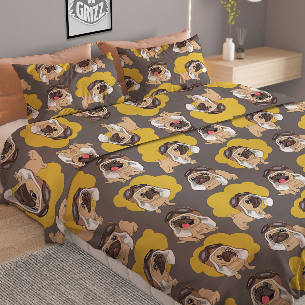 Pilot Pug Print Pattern Duvet Cover Bedding Set