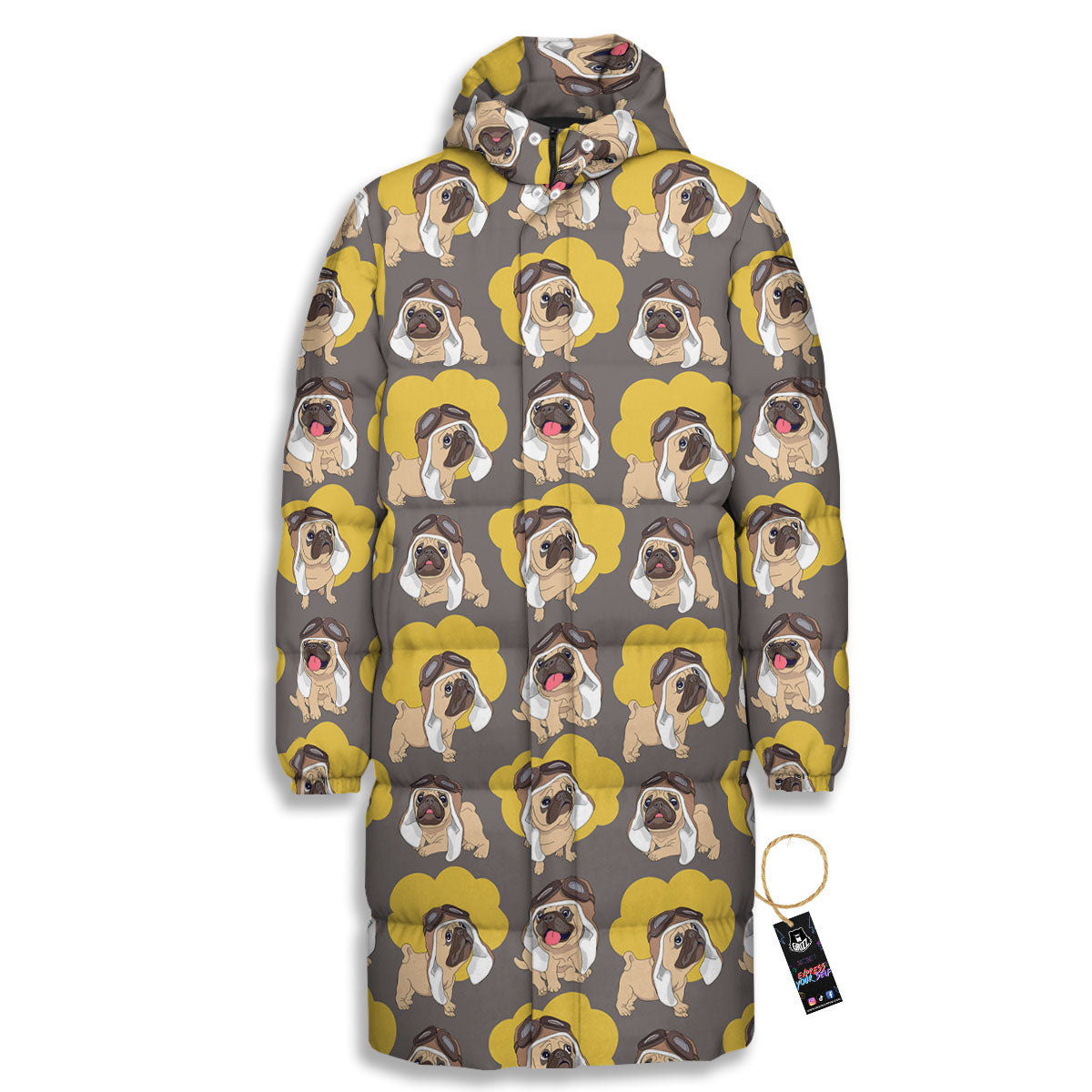 Pilot Pug Print Pattern Long Down Jacket-grizzshop