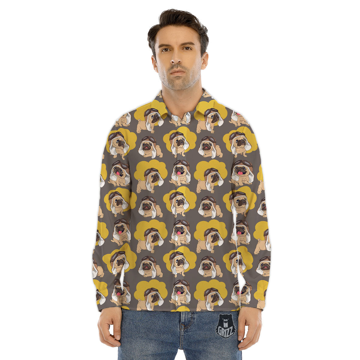 Pilot Pug Print Pattern Men's Dress Shirts-grizzshop