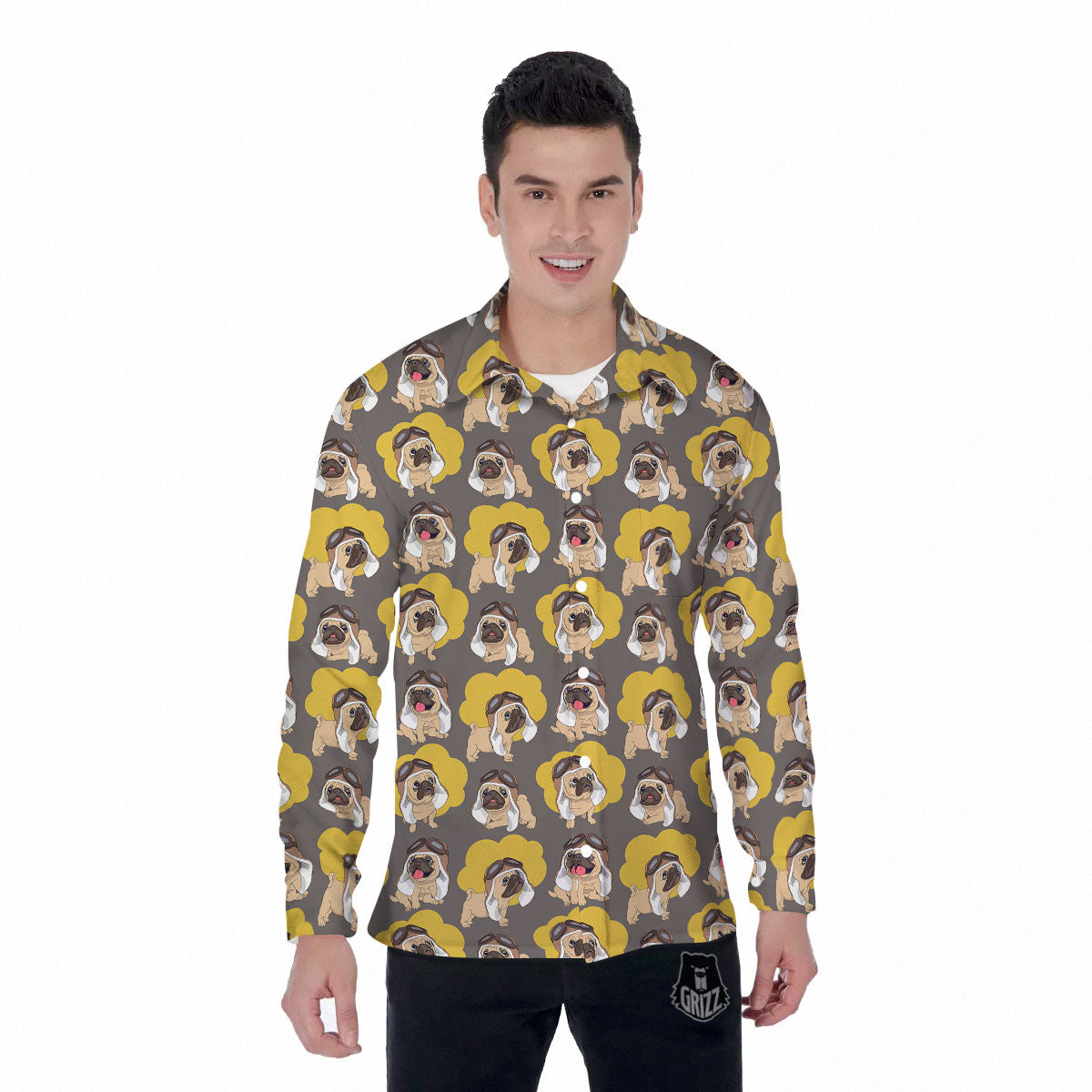 Pilot Pug Print Pattern Men's Long Sleeve Shirts-grizzshop
