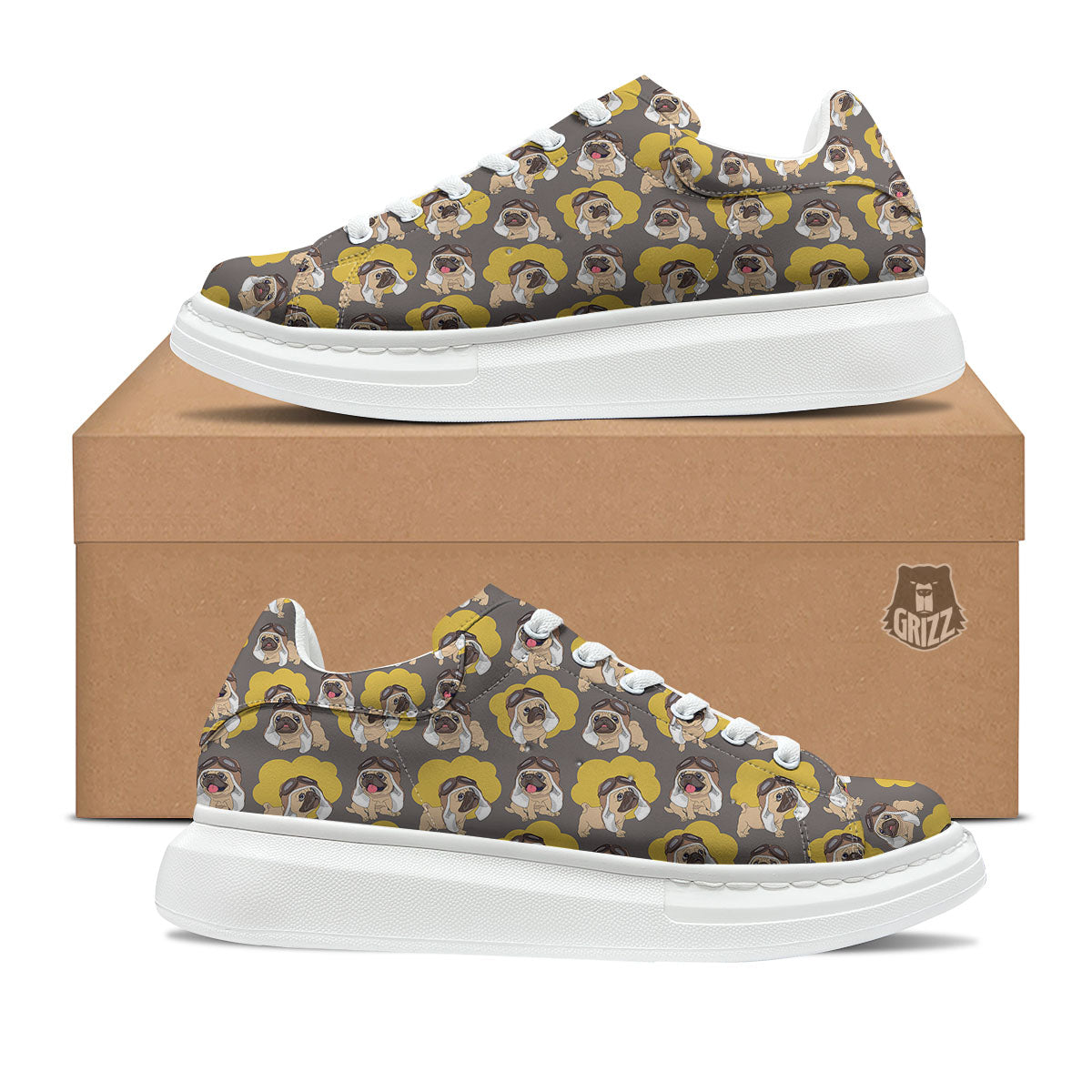 Pilot Pug Print Pattern Platform Shoes-grizzshop