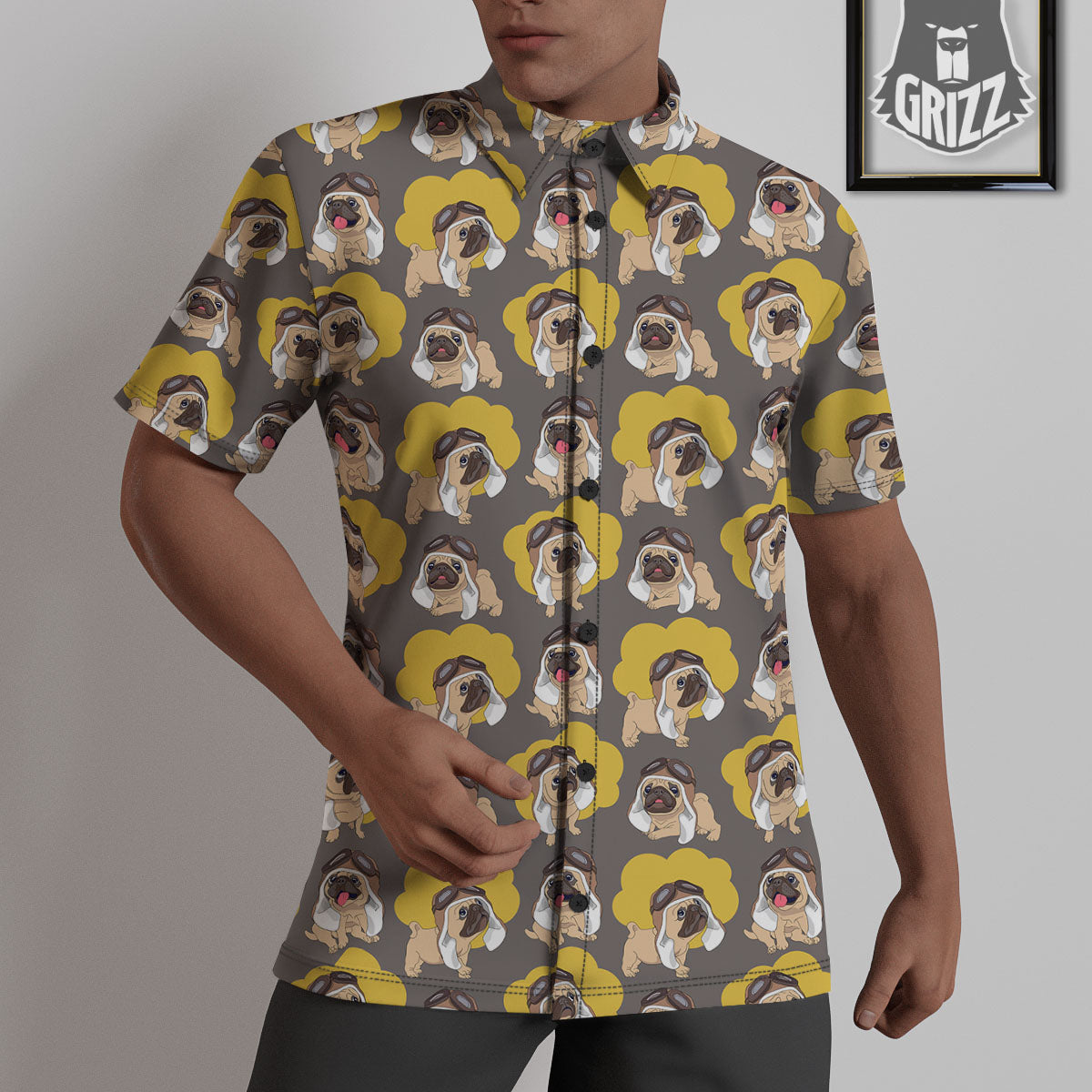 Pilot Pug Print Pattern Untucked Shirts-grizzshop