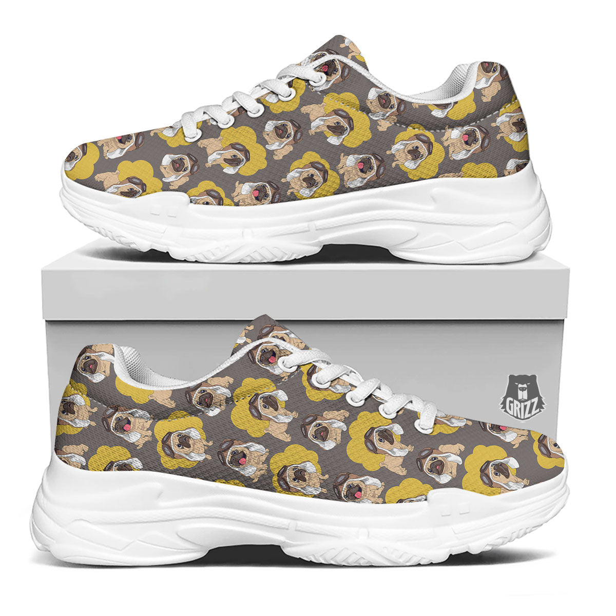 Pilot Pug Print Pattern White Chunky Shoes-grizzshop