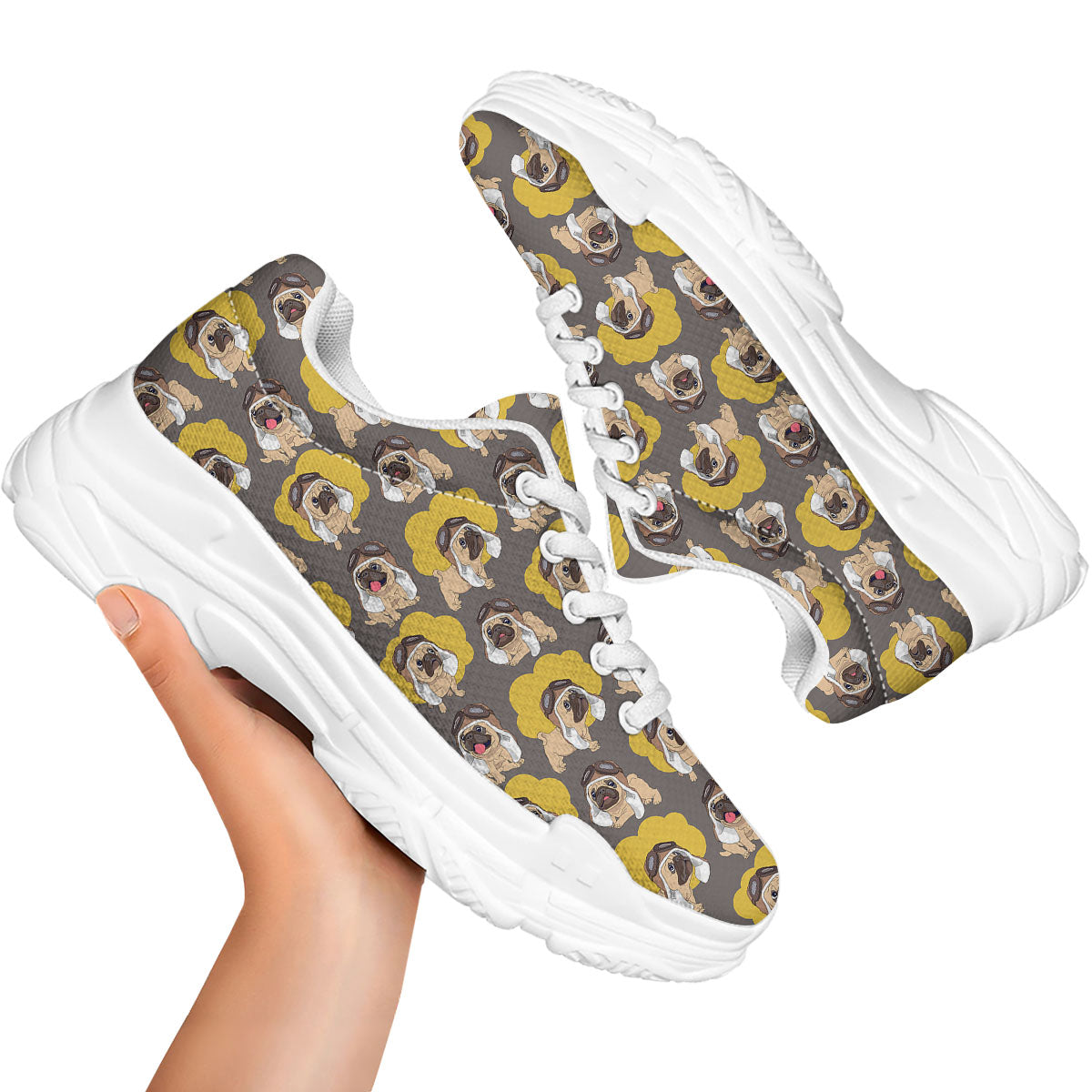 Pilot Pug Print Pattern White Chunky Shoes-grizzshop