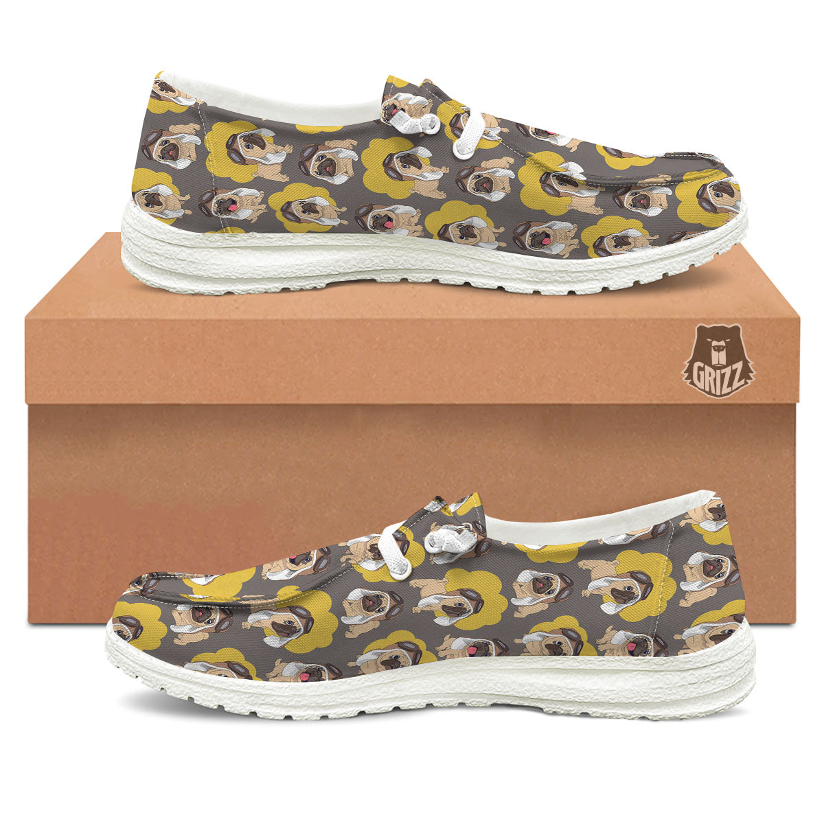 Pilot Pug Print Pattern White Loafers-grizzshop