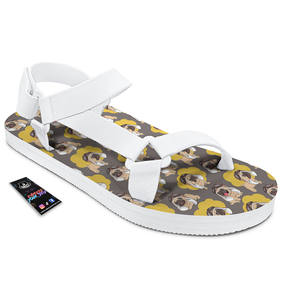 Pilot Pug Print Pattern White Open Toe Sandals-grizzshop
