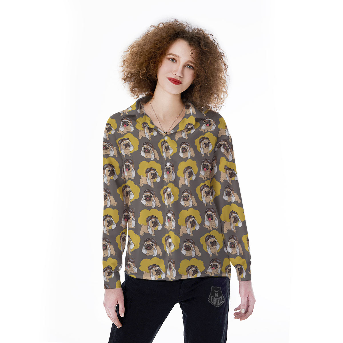 Pilot Pug Print Pattern Women's Long Sleeve Shirts-grizzshop