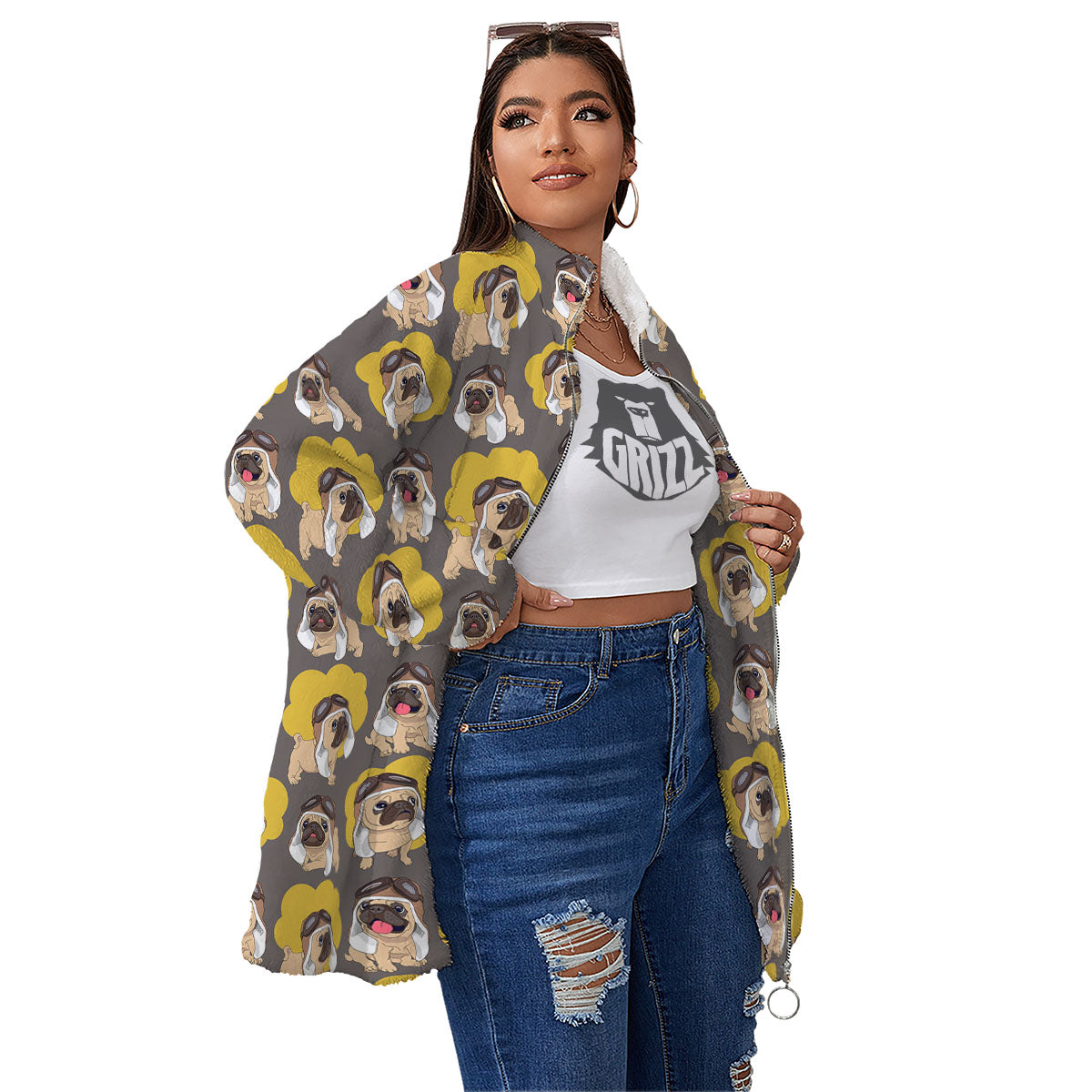 Pilot Pug Print Pattern Women's Sherpa Jacket-grizzshop