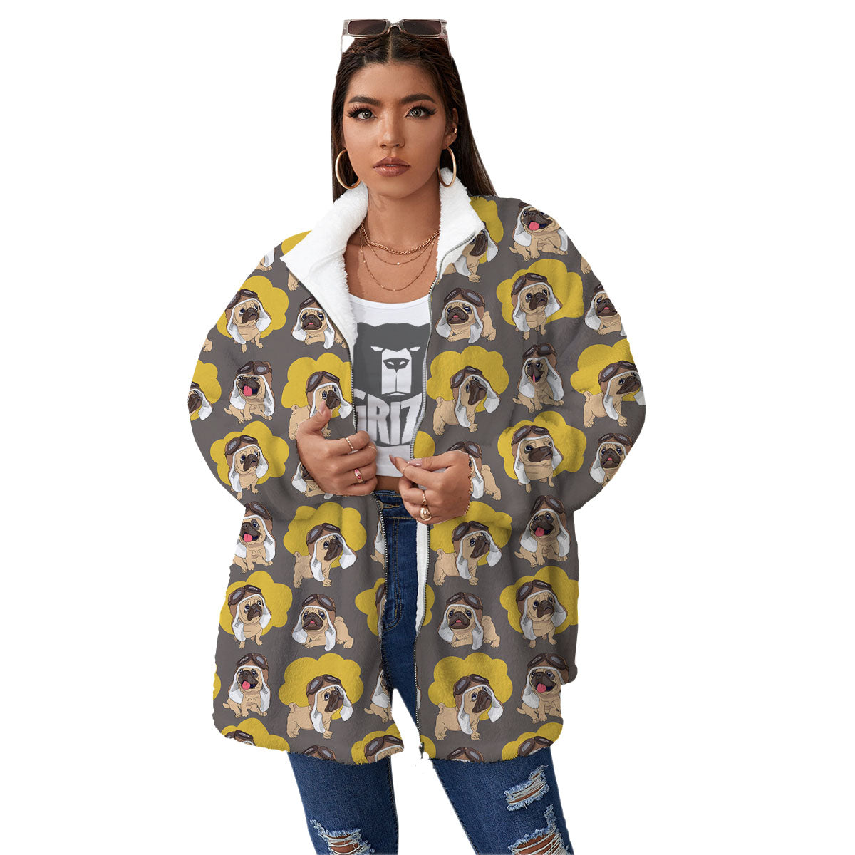 Pilot Pug Print Pattern Women's Sherpa Jacket-grizzshop