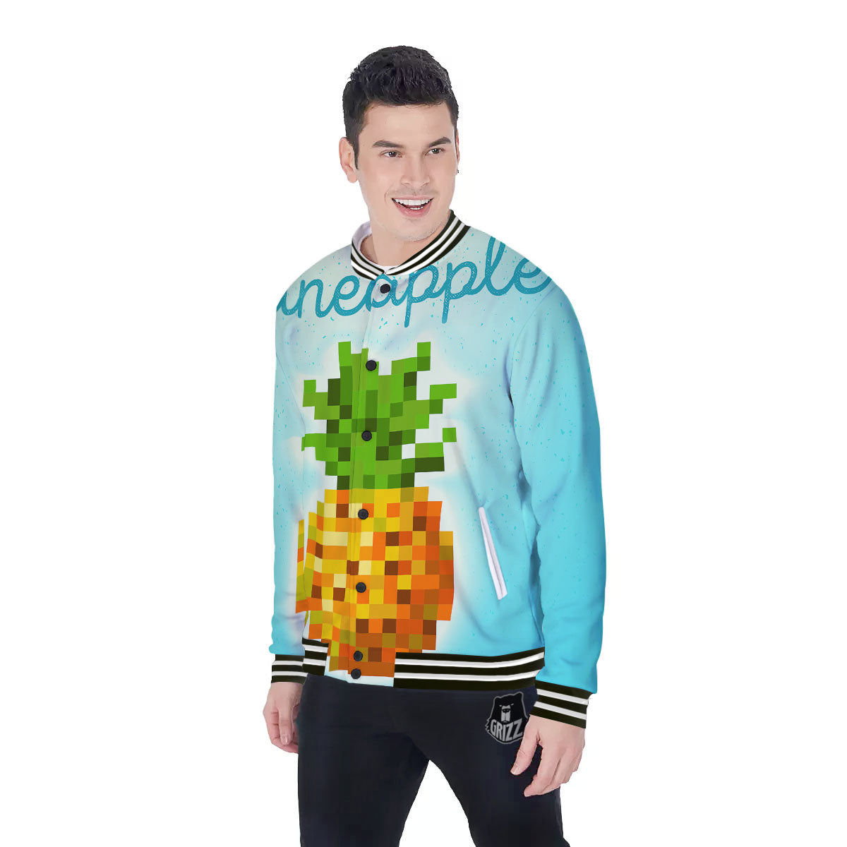 Pineapple 8-Bit Pixel Print Baseball Jacket-grizzshop