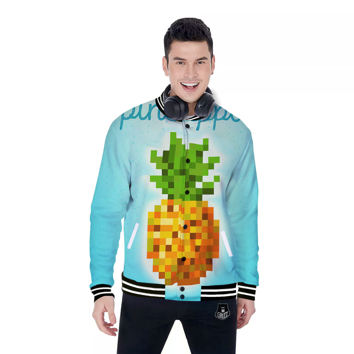 Pineapple 8-Bit Pixel Print Baseball Jacket-grizzshop