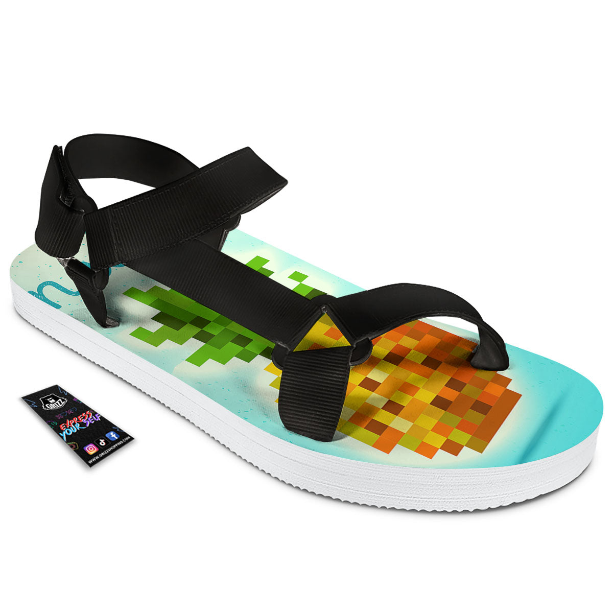 Pineapple 8-Bit Pixel Print Black Open Toe Sandals-grizzshop
