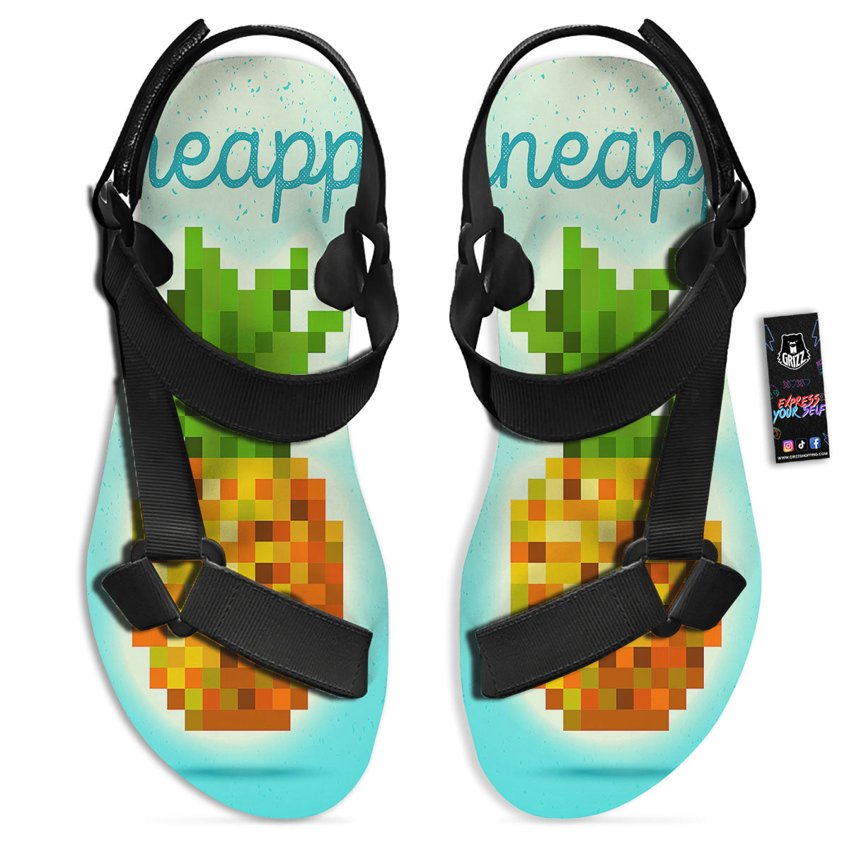 Pineapple 8-Bit Pixel Print Black Open Toe Sandals-grizzshop