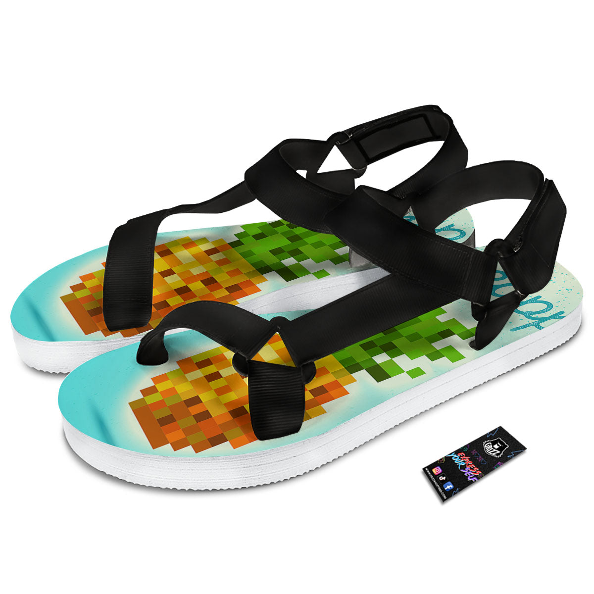 Pineapple 8-Bit Pixel Print Black Open Toe Sandals-grizzshop