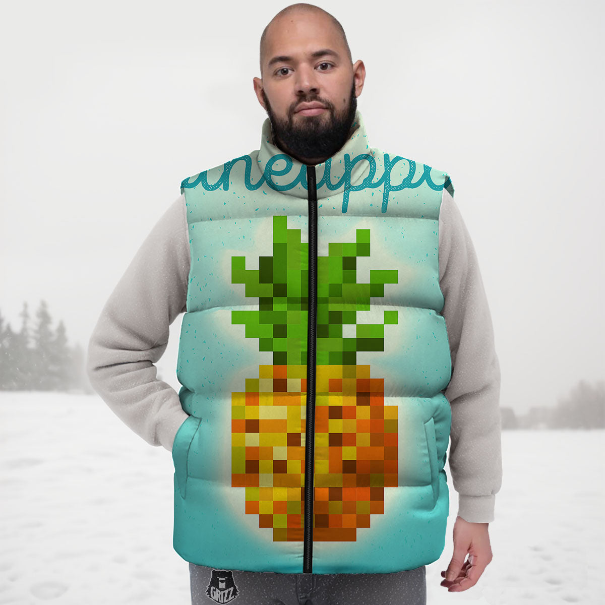 Pineapple 8-Bit Pixel Print Down Vest-grizzshop
