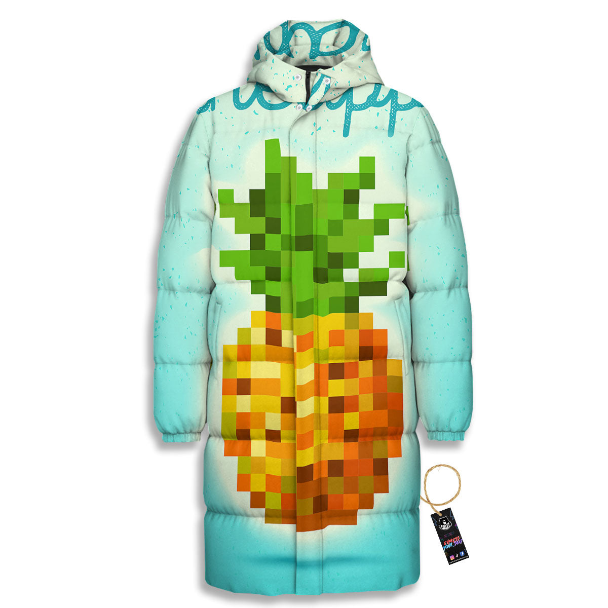 Pineapple 8-Bit Pixel Print Long Down Jacket-grizzshop
