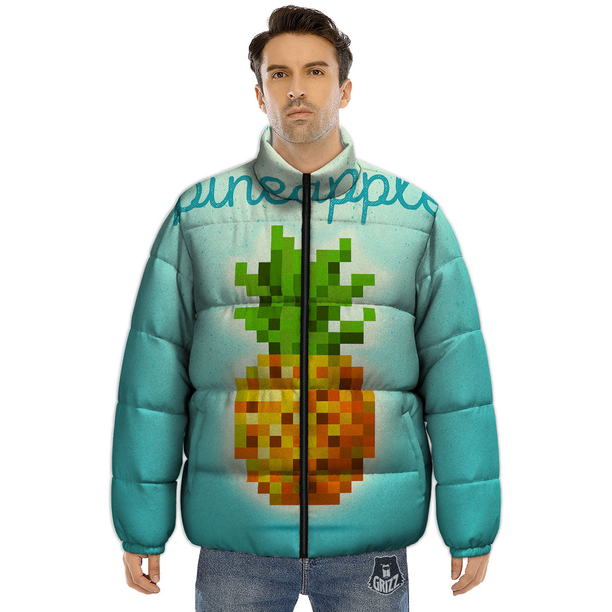 Pineapple 8-Bit Pixel Print Puffer Jacket-grizzshop