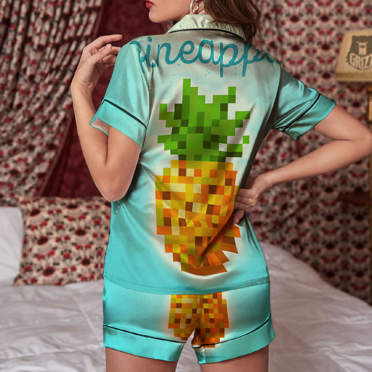Pineapple 8-Bit Pixel Print Women Silk Pajamas-grizzshop