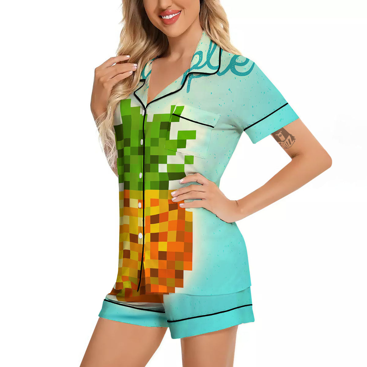 Pineapple 8-Bit Pixel Print Women Silk Pajamas-grizzshop