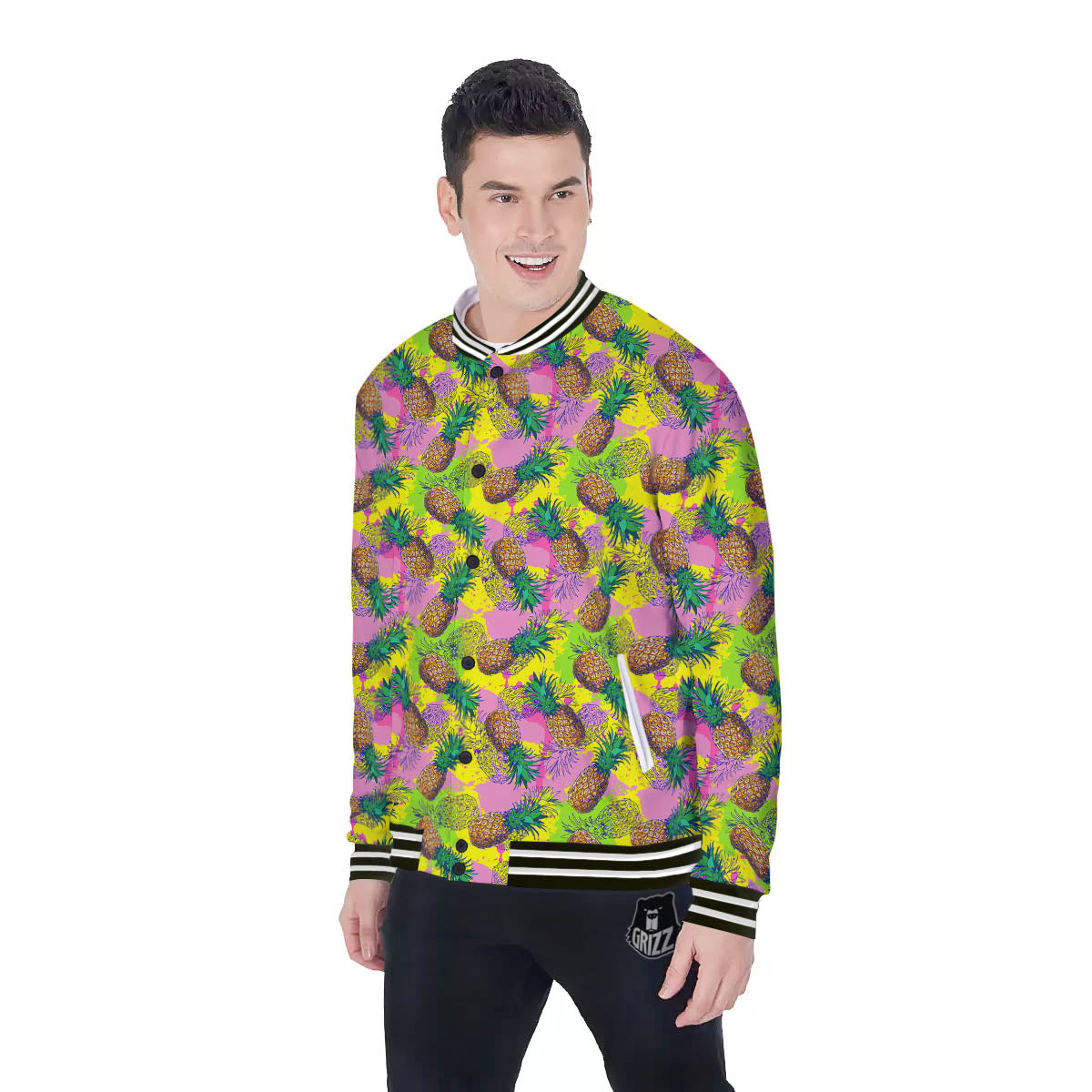 Pineapple Aloha Colorful Print Pattern Baseball Jacket-grizzshop