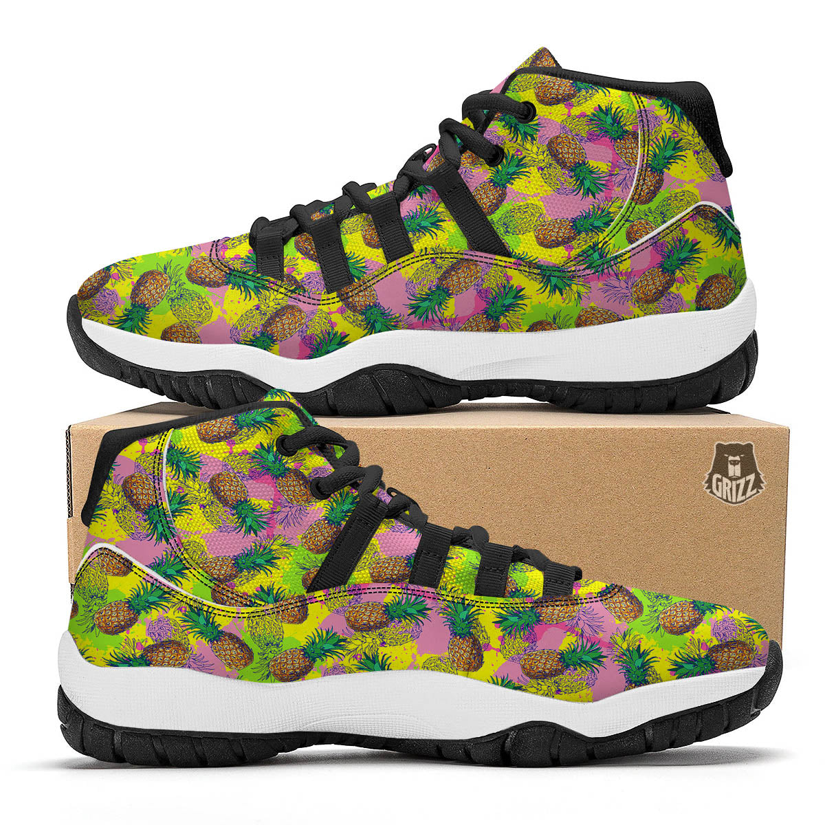 Pineapple Aloha Colorful Print Pattern Black Bball Shoes-grizzshop