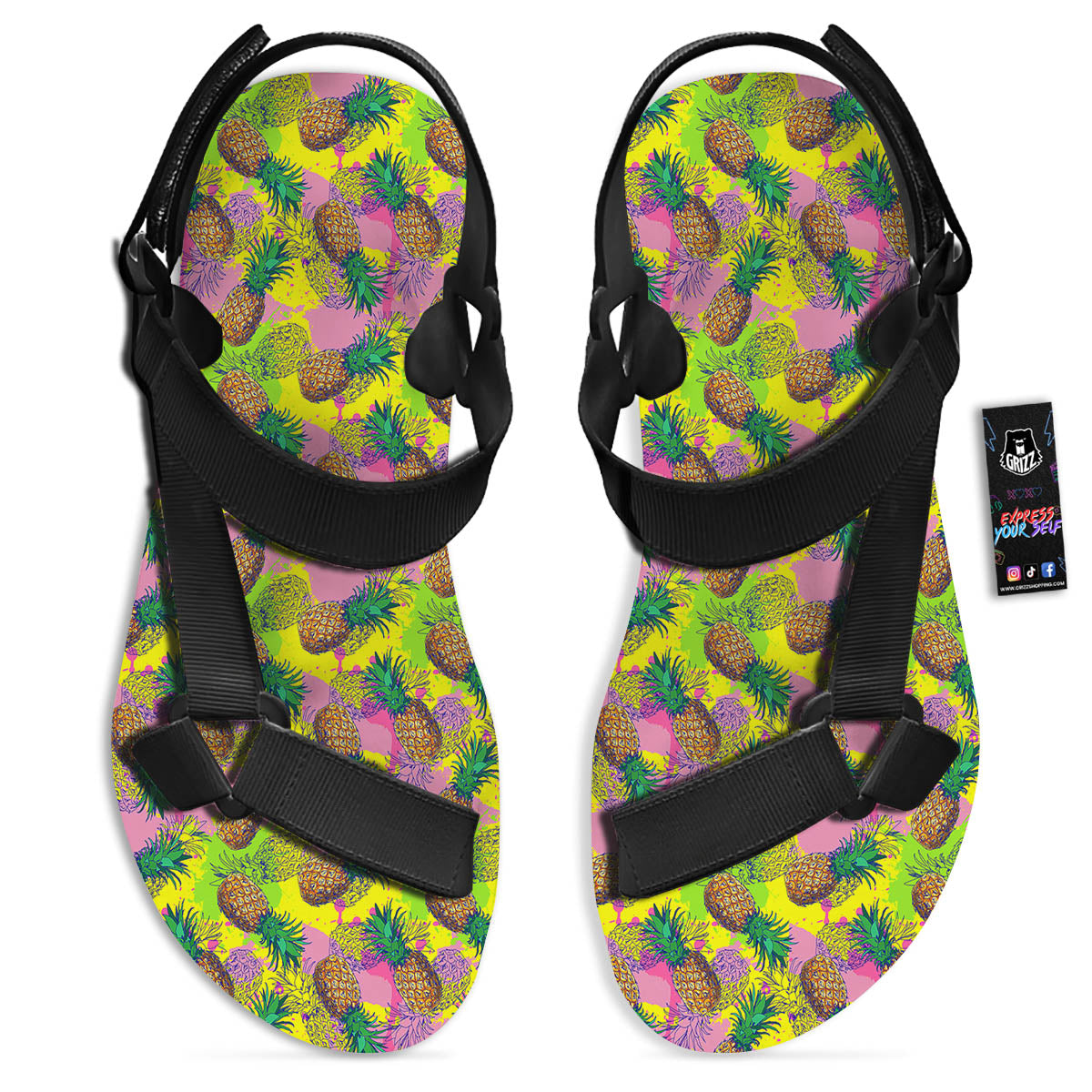 Pineapple Aloha Colorful Print Pattern Black Open Toe Sandals-grizzshop