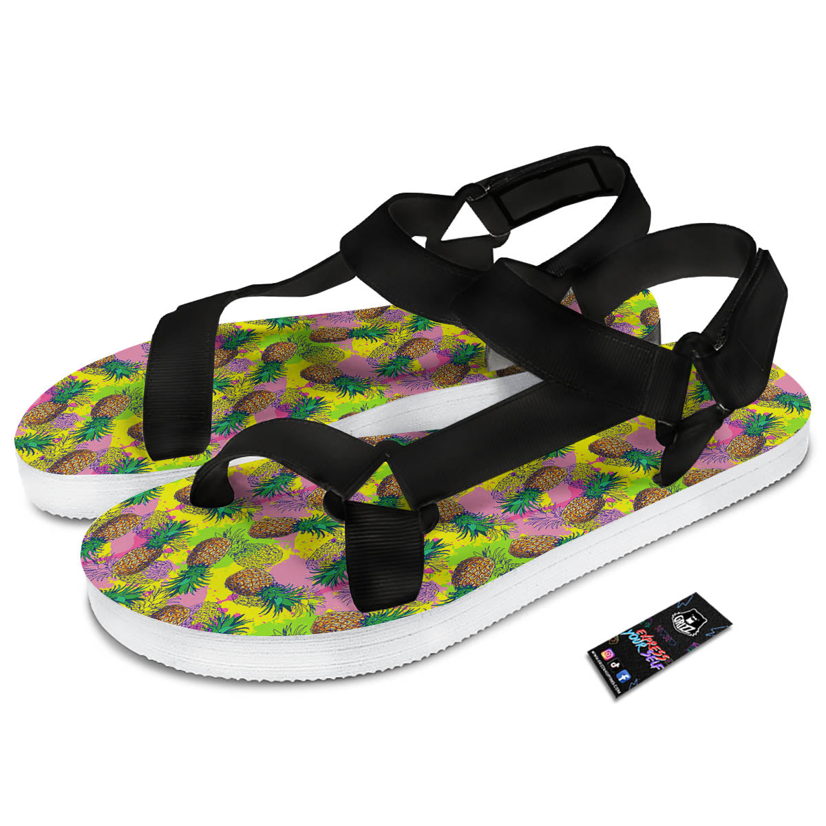 Pineapple Aloha Colorful Print Pattern Black Open Toe Sandals-grizzshop