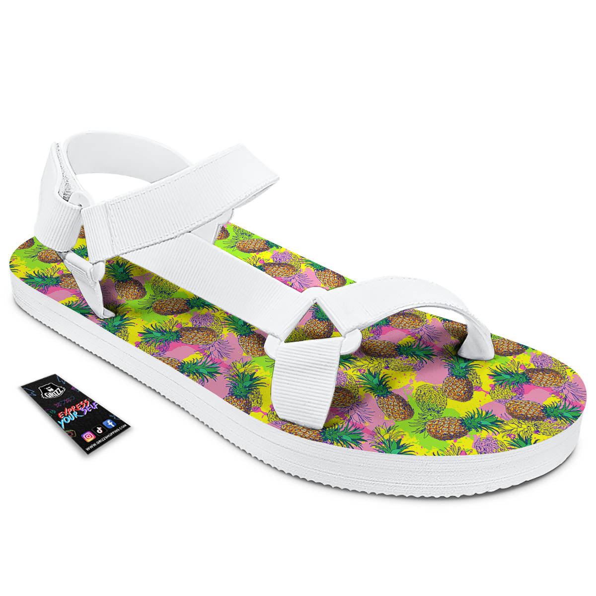 Pineapple Aloha Colorful Print Pattern White Open Toe Sandals-grizzshop
