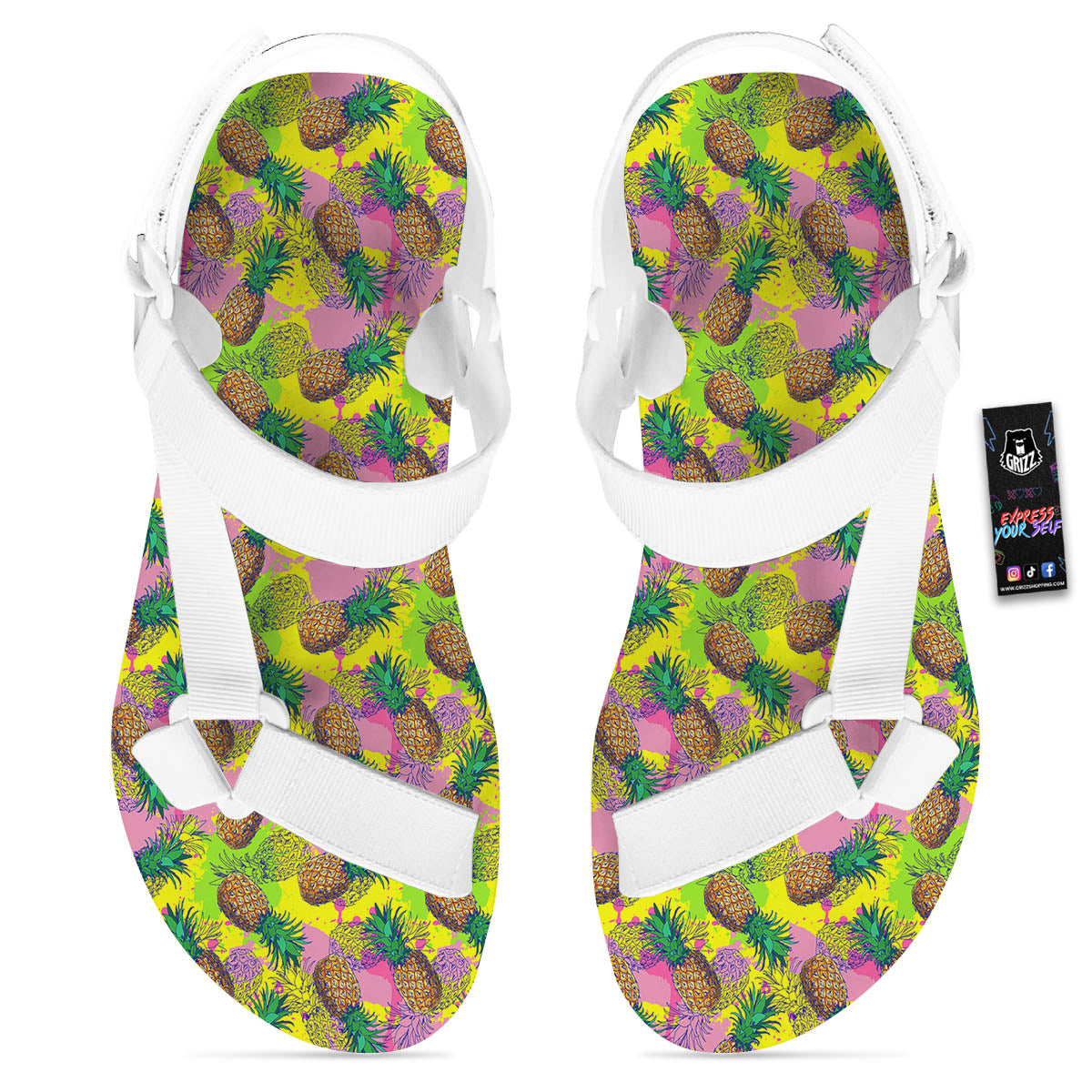 Pineapple Aloha Colorful Print Pattern White Open Toe Sandals-grizzshop