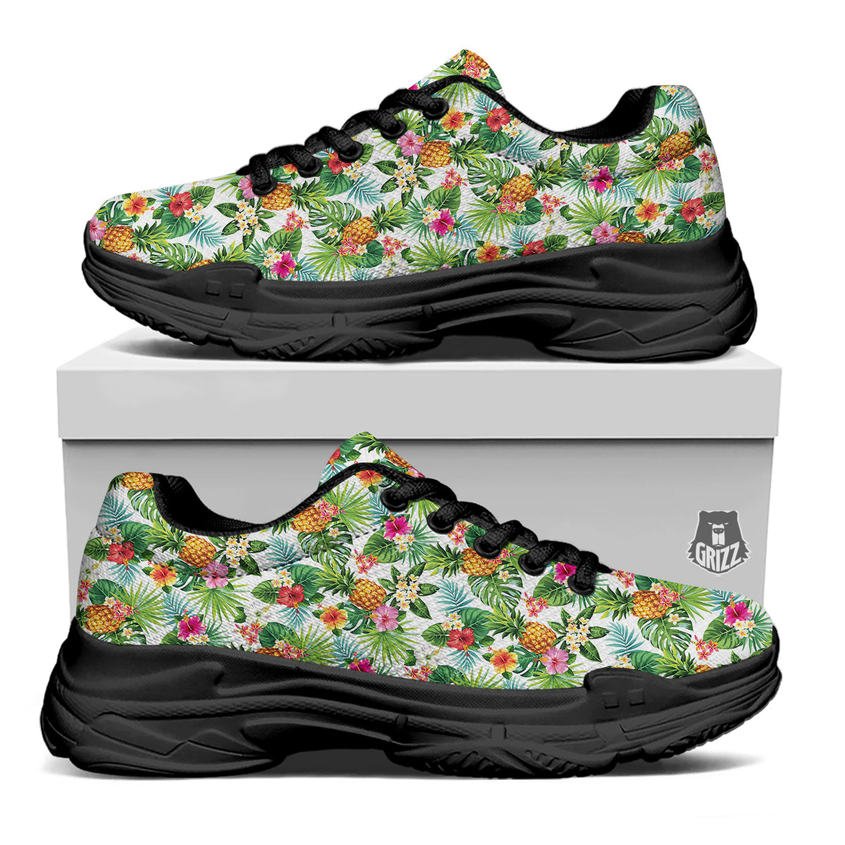 Pineapple Aloha Hawaiian Print Pattern Black Chunky Shoes-grizzshop