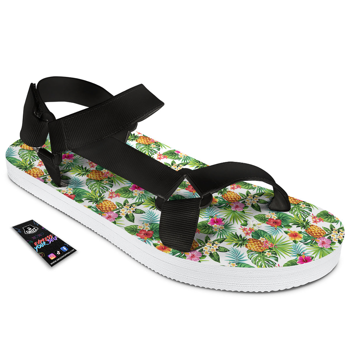Pineapple Aloha Hawaiian Print Pattern Black Open Toe Sandals-grizzshop