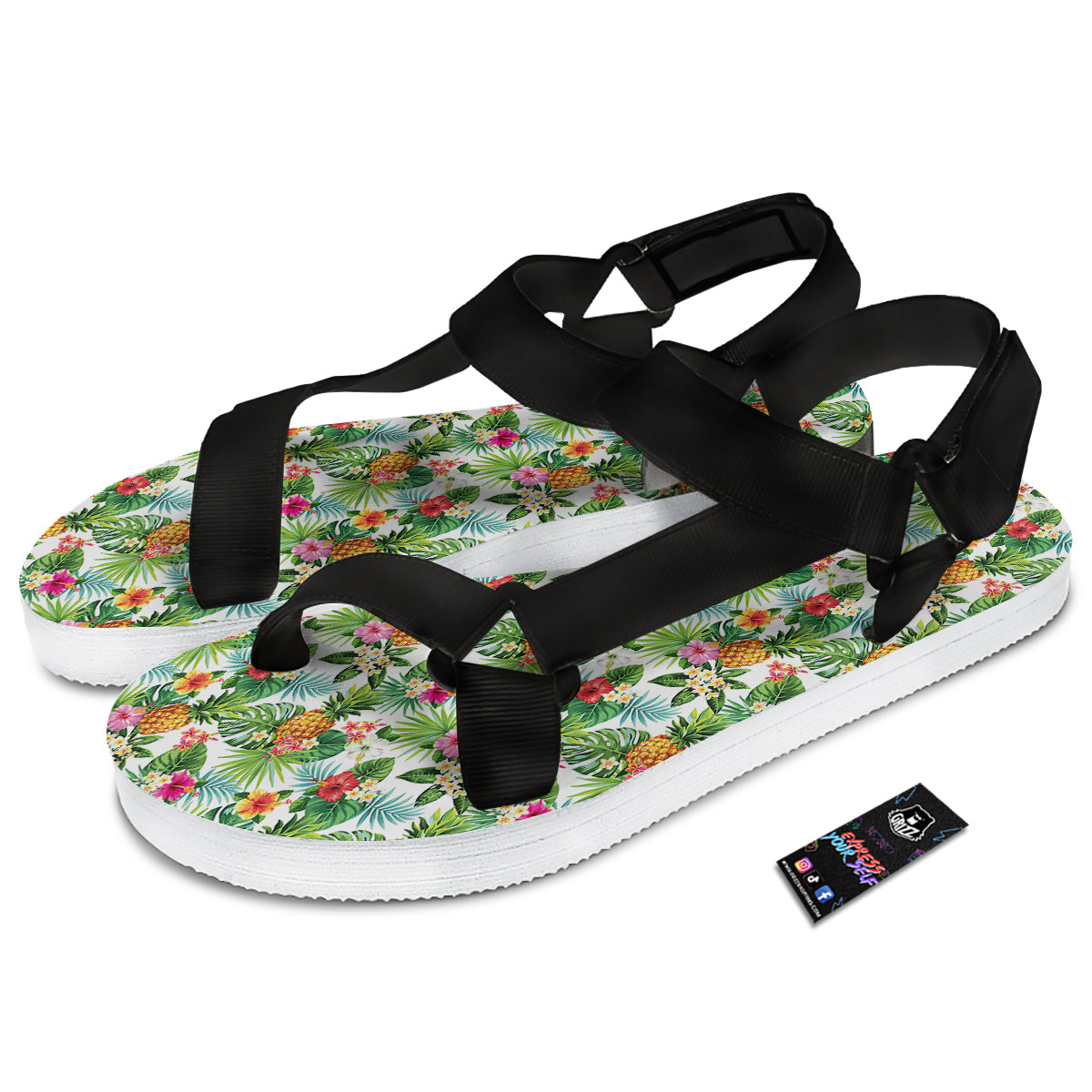 Pineapple Aloha Hawaiian Print Pattern Black Open Toe Sandals-grizzshop