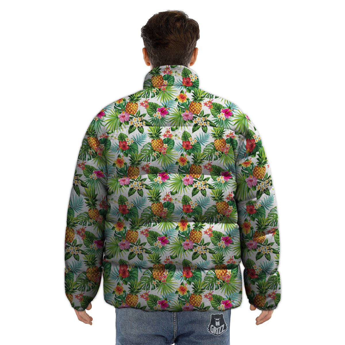 Pineapple Aloha Hawaiian Print Pattern Puffer Jacket-grizzshop