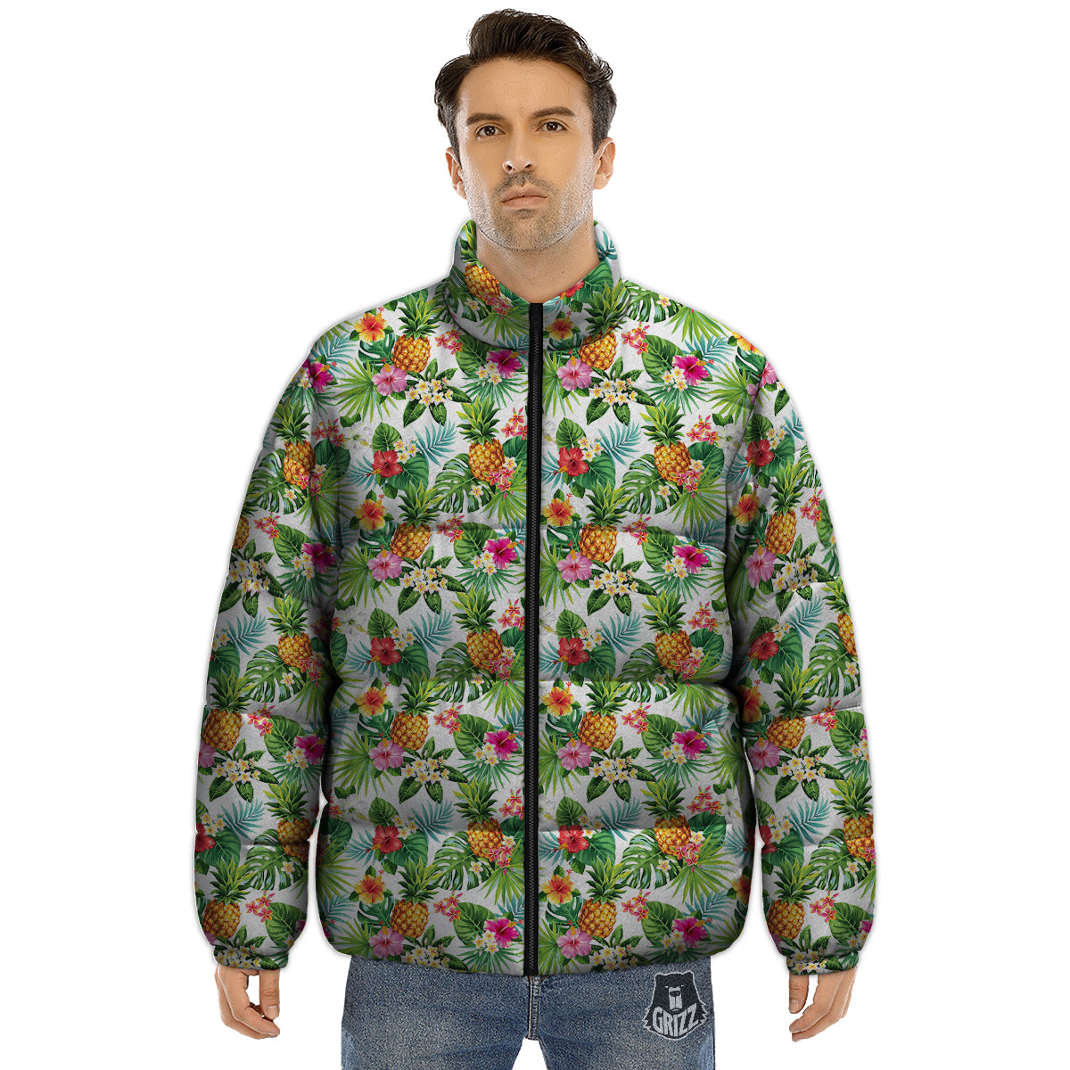 Pineapple Aloha Hawaiian Print Pattern Puffer Jacket-grizzshop